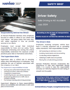 A safety brief from Harvard Security Services outlines safe driving measures for July 2024. It highlights the importance of responsibility behind the wheel, supervisors' roles, and includes distracted driving statistics from the US Department of Transportation.