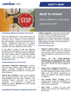 Harvard safety brief on back to school road safety tips for September 2024 with various guidelines.