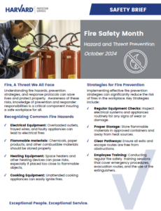 Fire safety month flyer with tips on hazard prevention and fire prevention strategies.