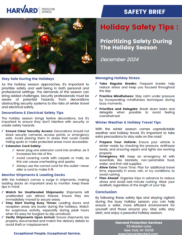 Safety brief on holiday safety tips and security measures for December 2024.